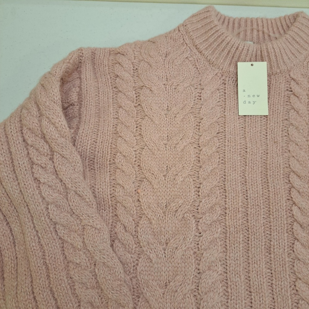 A New Day Womens Sweater L Pink NWT Cable Knit Mock Neck Cozy Pullover 1928-360